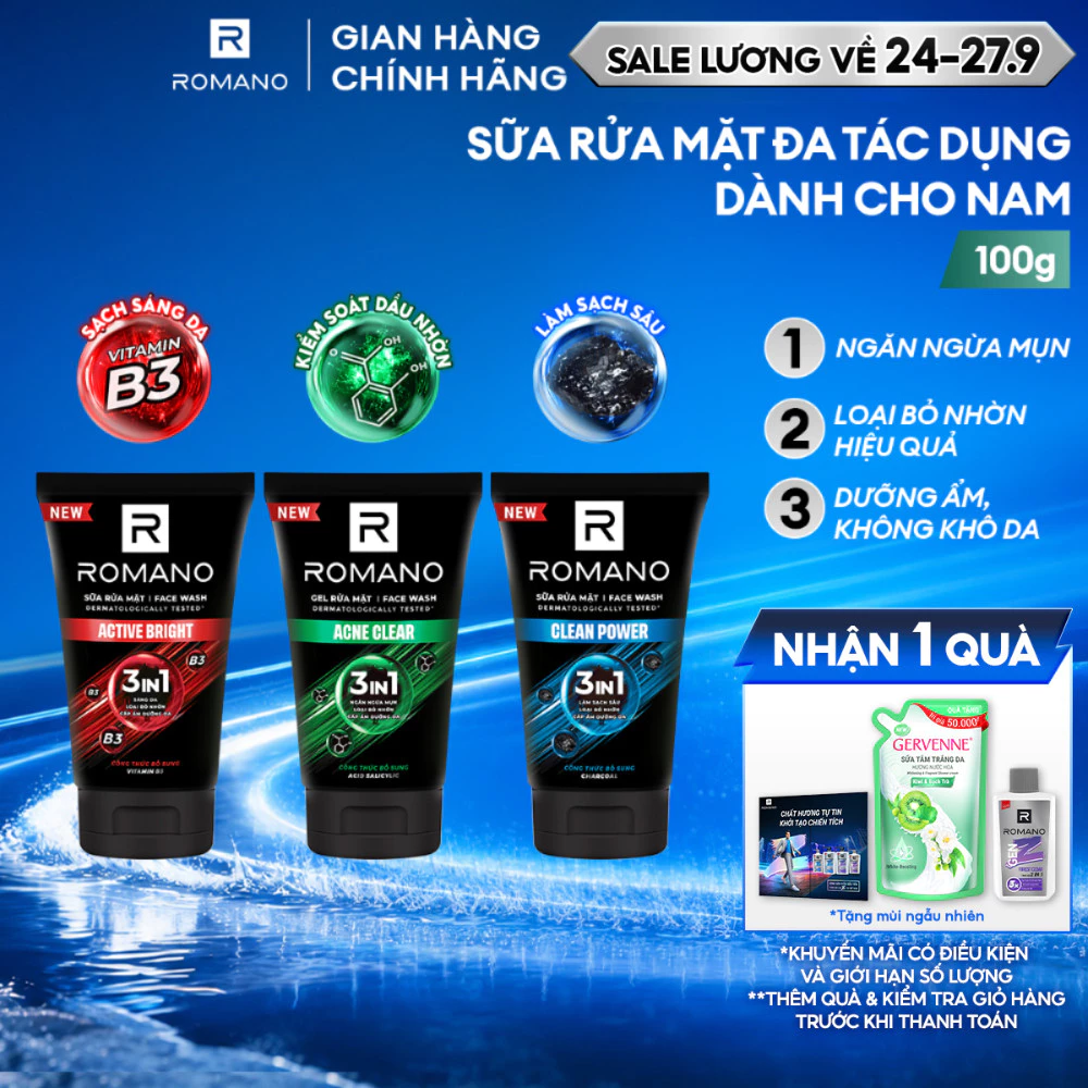 Sữa rửa mặt Romano đa tác dụng dành cho nam giới 100g: Cấp ẩm, Loại bỏ nhờn, Sáng da/Ngừa mụn/Làm sạch sâu