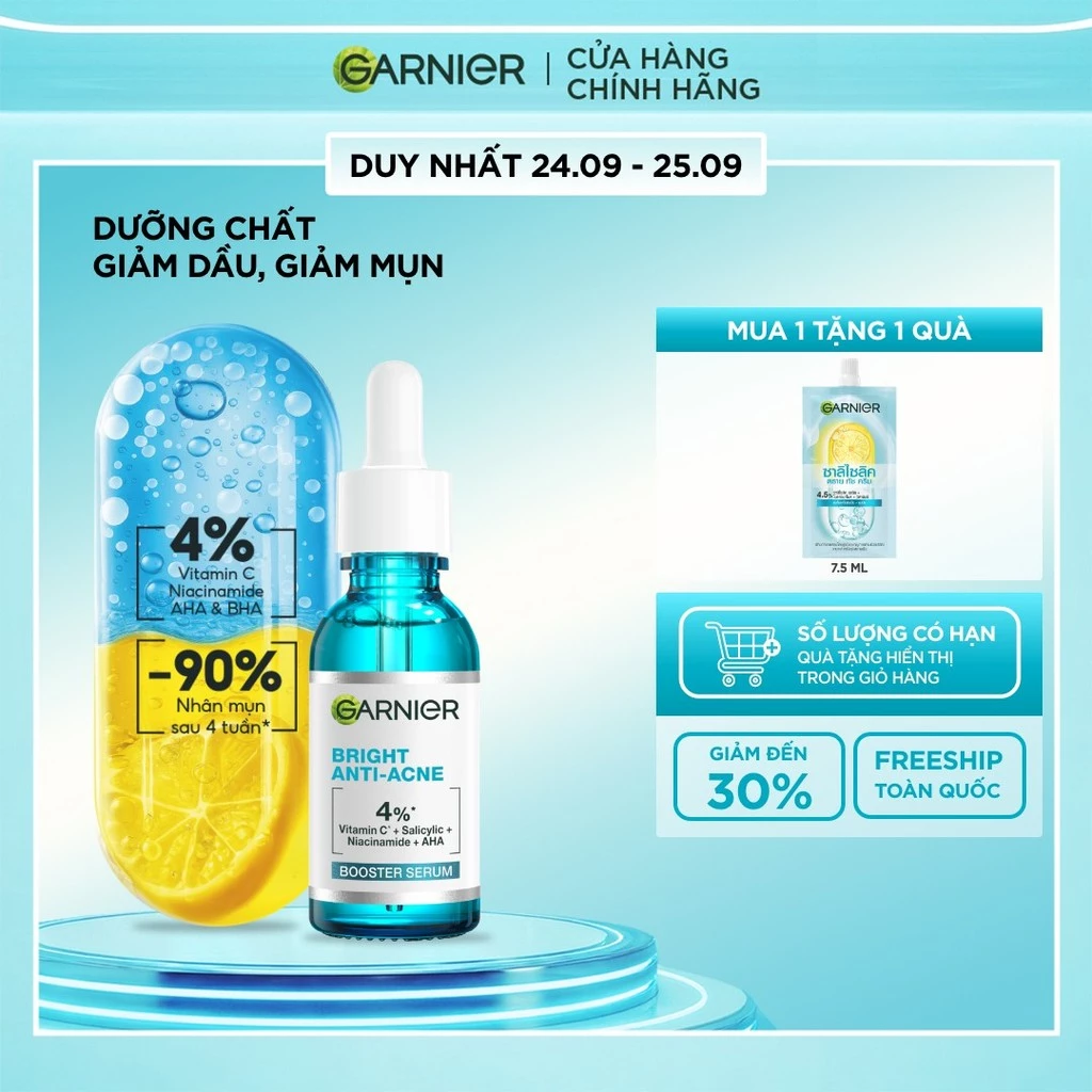 Dưỡng chất cho da dầu mụn Garnier Bright Complete Anti-Acnes Booster Serum 4% [Niacinamide, BHA, AHA, Vitamin C] 30ml
