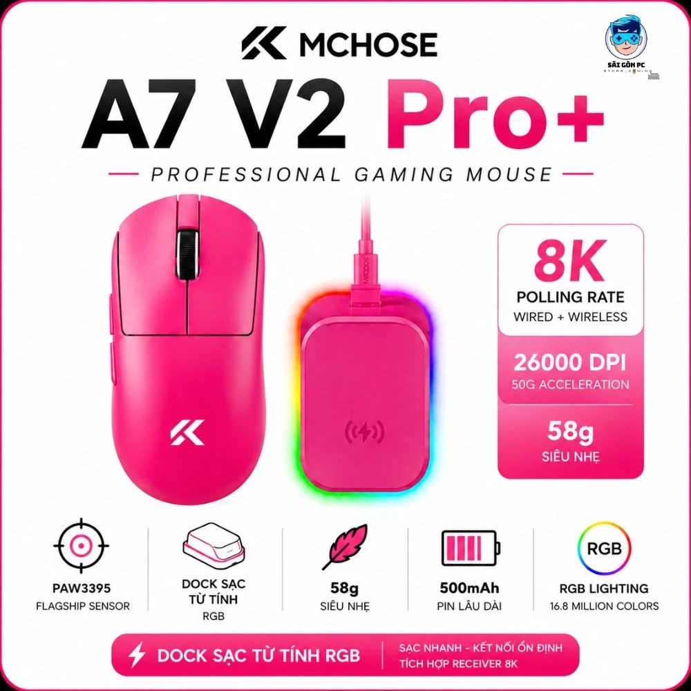 Chuột Gaming Không Dây Bluetooth MCHOSE A7 V2 Pro Plus - Chip PAW3395, Dock Sạc RGB, Pin 500mAh, Kết Nối 3 Chế Độ