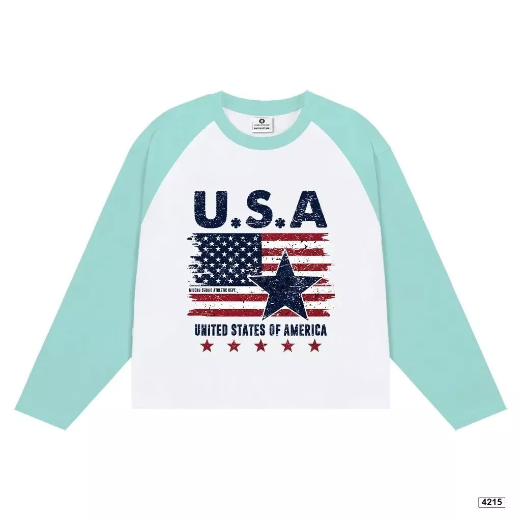 Áo thun boxy tay dài raglan cổ tròn nam nữ,áo phông họa tiết cờ chất cotton dày dặn phong cách Y2K