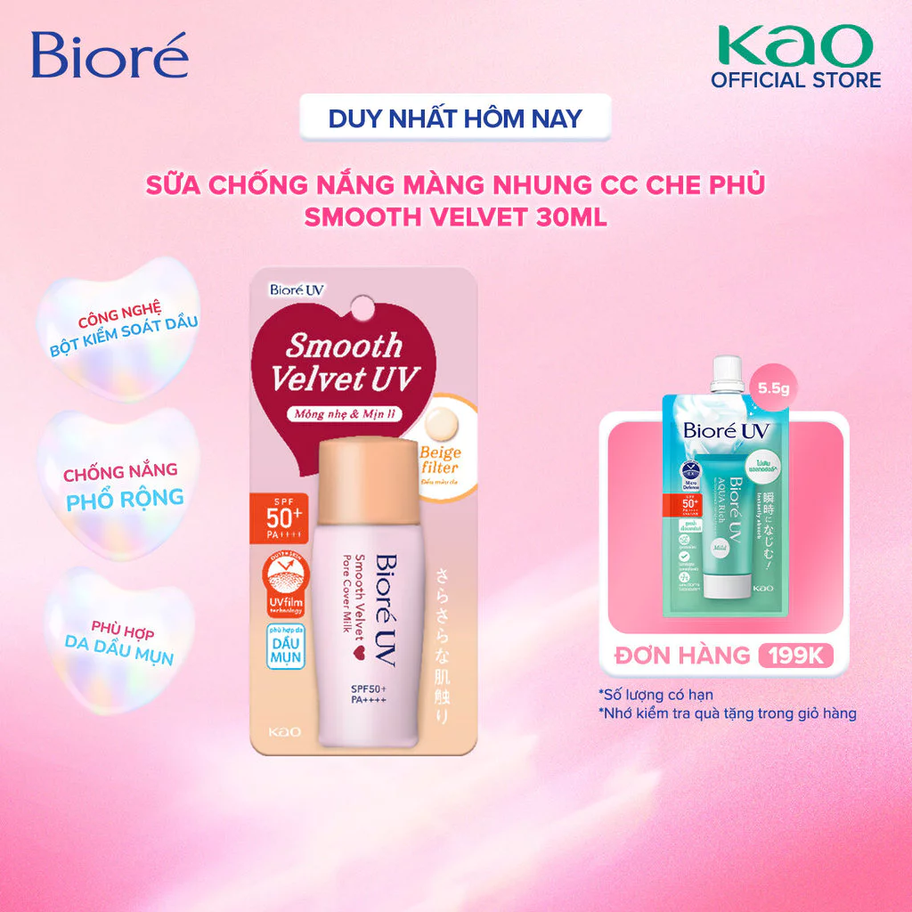 Biore UV Smooth Velvet Sữa Chống Nắng Màng Nhung Mịn Lì - CC Che Phủ Lỗ Chân Lông SPF50+/PA++++ 30ml