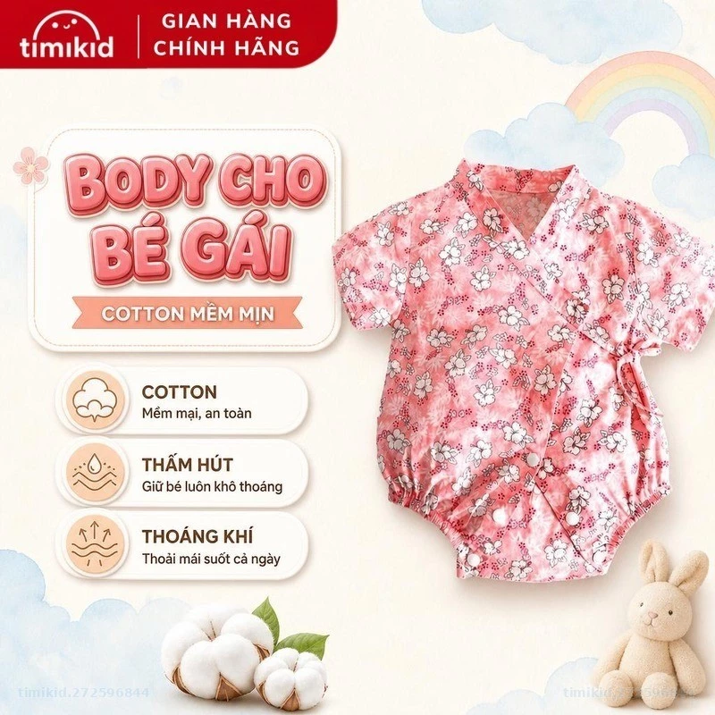 Body Cho Bé Gái Cao Cấp Obeah Vải Cotton Mềm Mịn, Có hoa, nơ buộc xinh xắn cho bé từ 3 đến 18 tháng tuổi OB112128