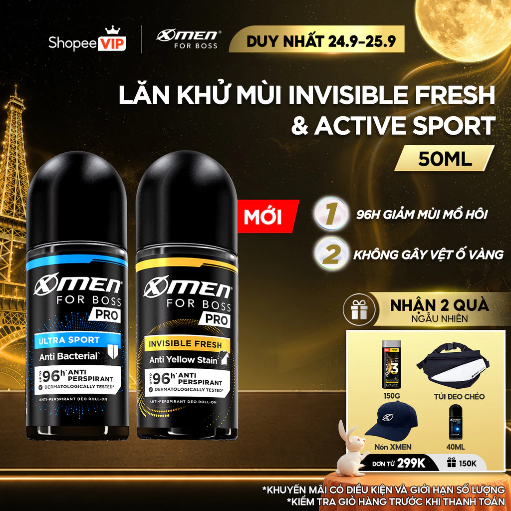 [SVIP] [MỚI] Lăn Khử Mùi Xmen for Boss PRO 50ml Invisible Fresh & Ultra Sport 96H Giảm Mùi Mồ Hôi & Vệt Ố Vàng,Hương Nam