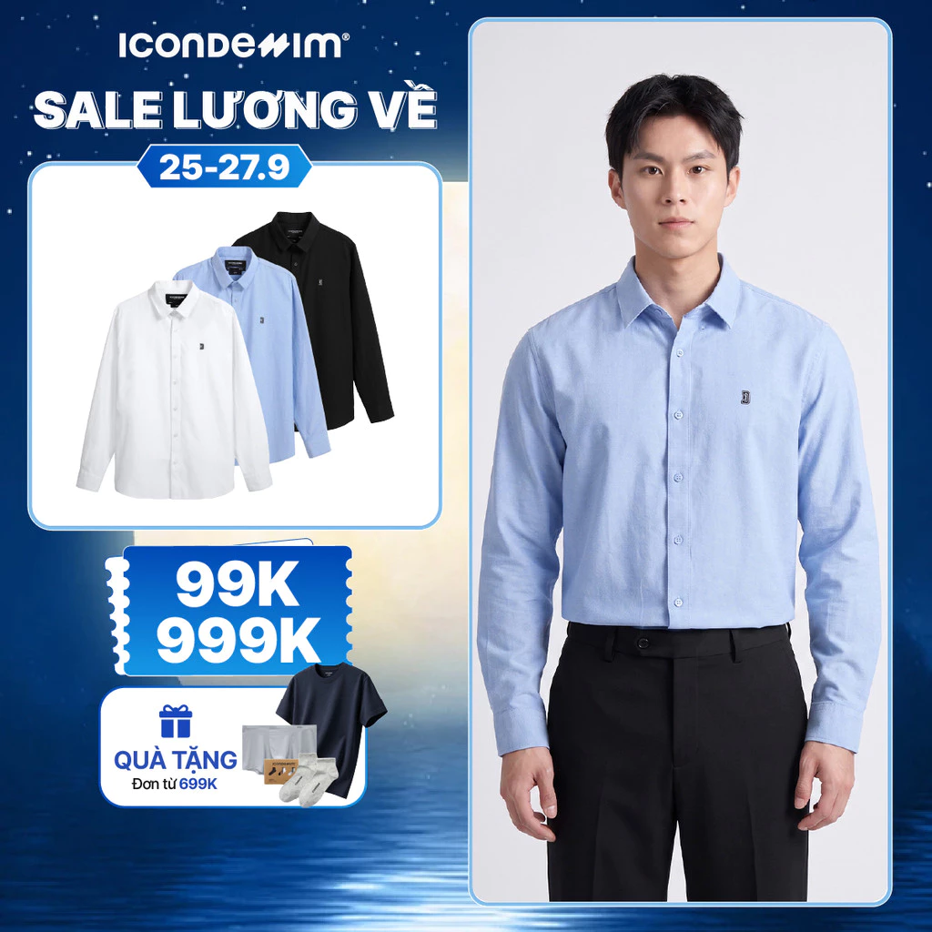 Áo Sơ Mi Oxford Nam Tay Dài ICONDENIM Blank Color Embroider Form Slim SMID0144