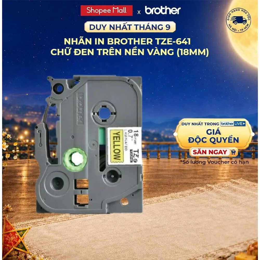 Nhãn in Brother TZe-641 chữ đen trên nền vàng (18mm)