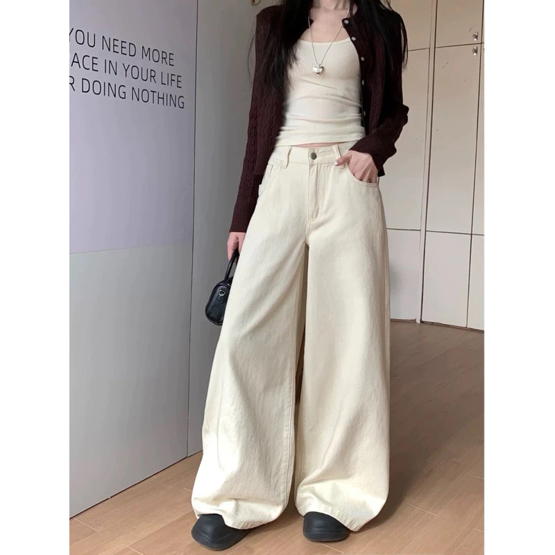 Quần bò suông be sữa chất jeans mềm màu vintage lưng cao tôn dáng