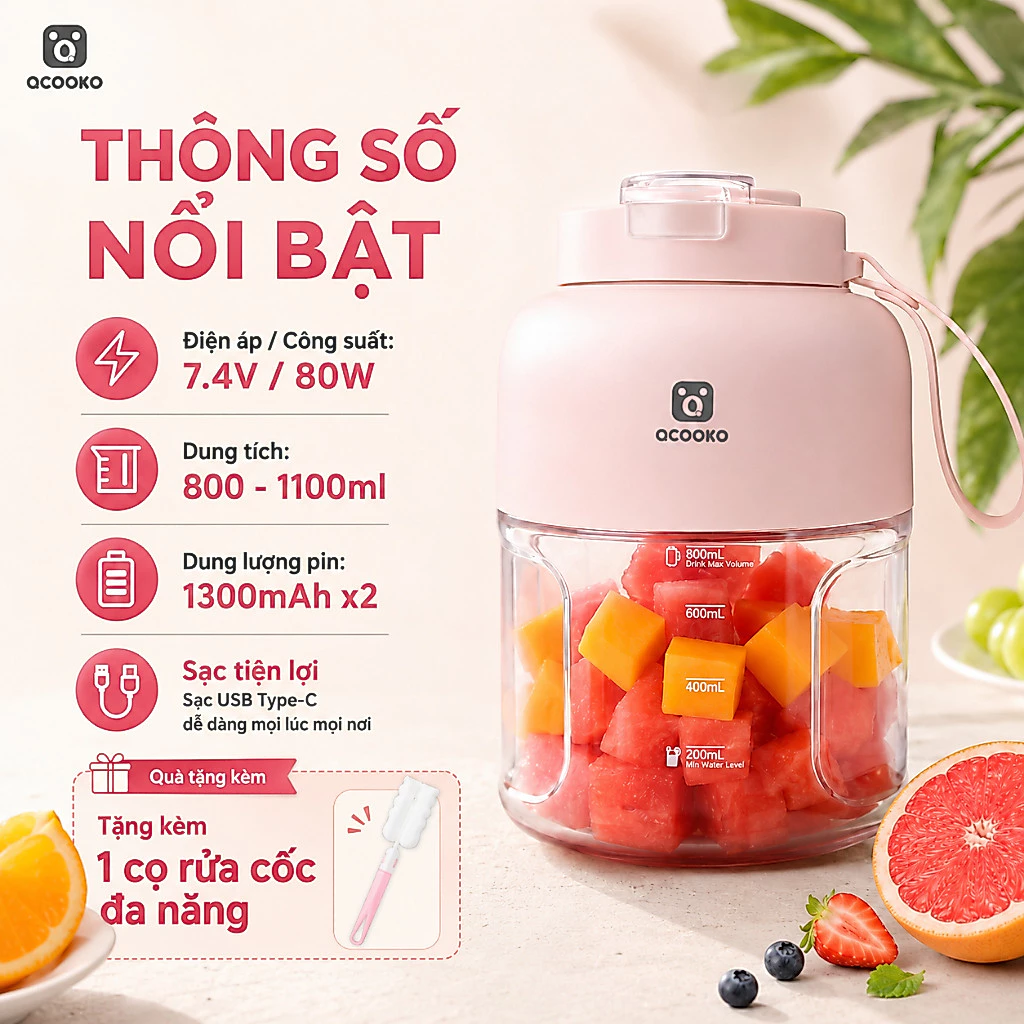 Máy xay sinh tố cầm tay Qcooko NEW 2026, công suất 80W, 18 lưỡi dao, dung tích 1,1L Kèm nắp có quai xách, PIN 2600 mAh