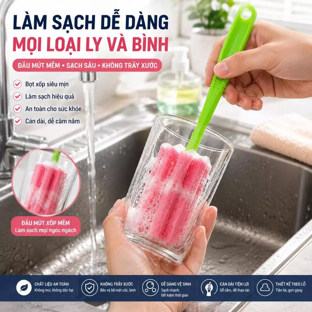 Cây Cọ Rửa Bình Sữa Đầu Mút Tạo Bọt Cọ Rửa Ly Cốc Chai Lọ Mềm Mại Không Trầy Xước Tiện Dụng - GD340