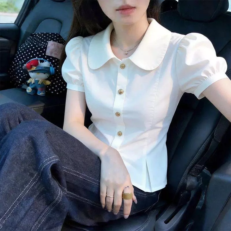 Áo sơ mi ngắn tay cổ búp bê màu trơn Tính khí ngọt ngào Áo len Cardigan