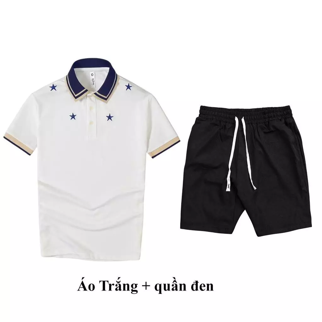 { bộ polo thêu sao } Bộ quần áo polo thêu ngôi sao kết hợp quần kaki , chất liệu vải thoáng mát, thanh lịch trẻ trung