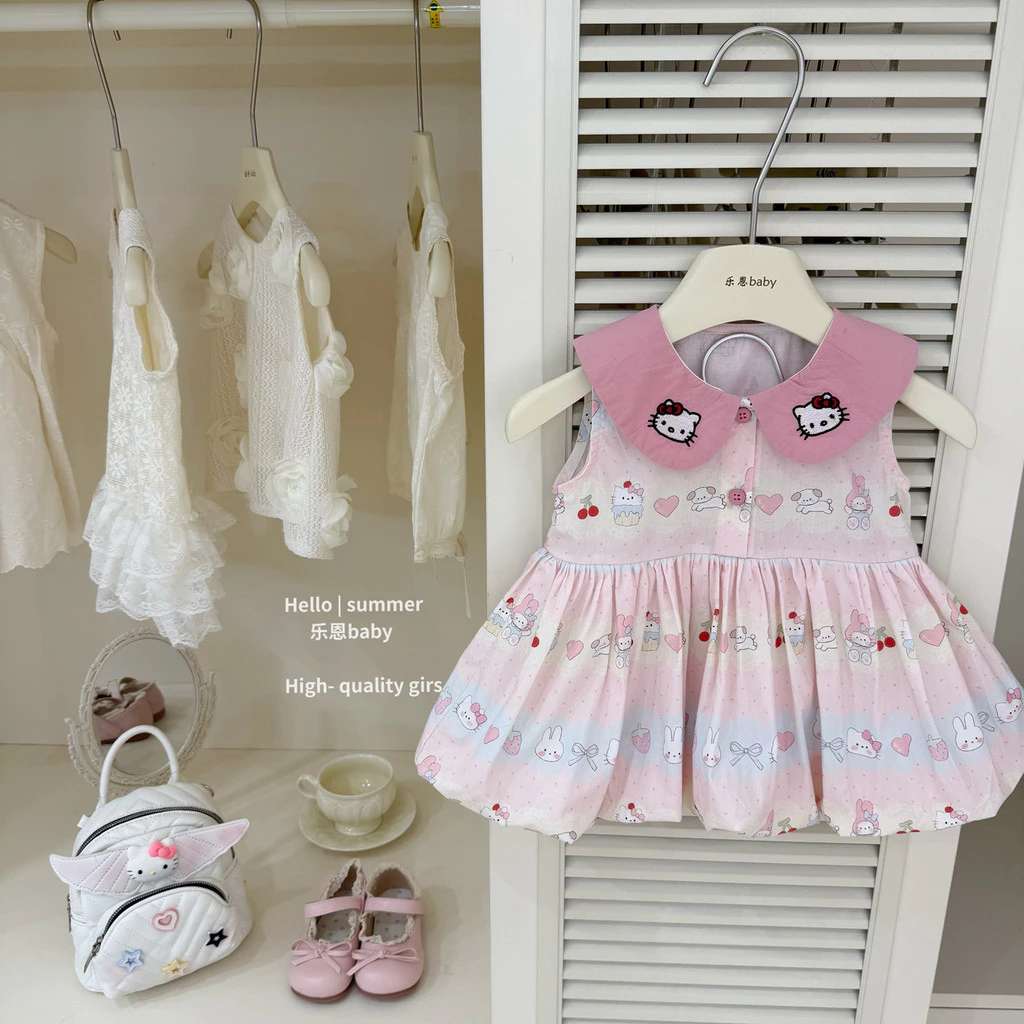 Váy bé gái Hello Kitty Váy hoạt hình màu hồng dễ thương mùa hè