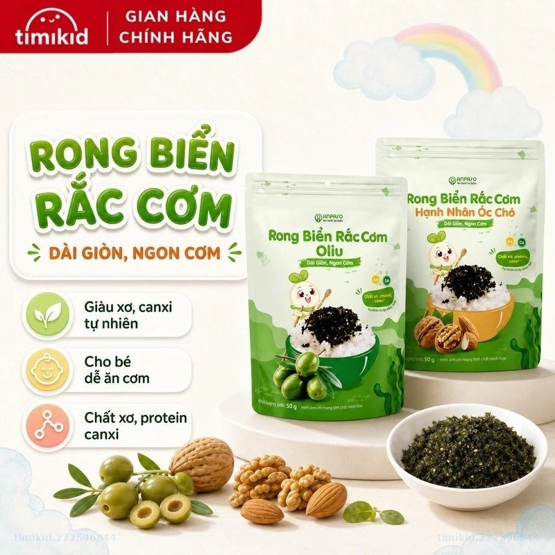 Rong biển rắc cơm Anpaso 50g - Rong biển vụn ăn liền, trộn cơm cho bé vị Oliu và Hạnh nhân óc chó