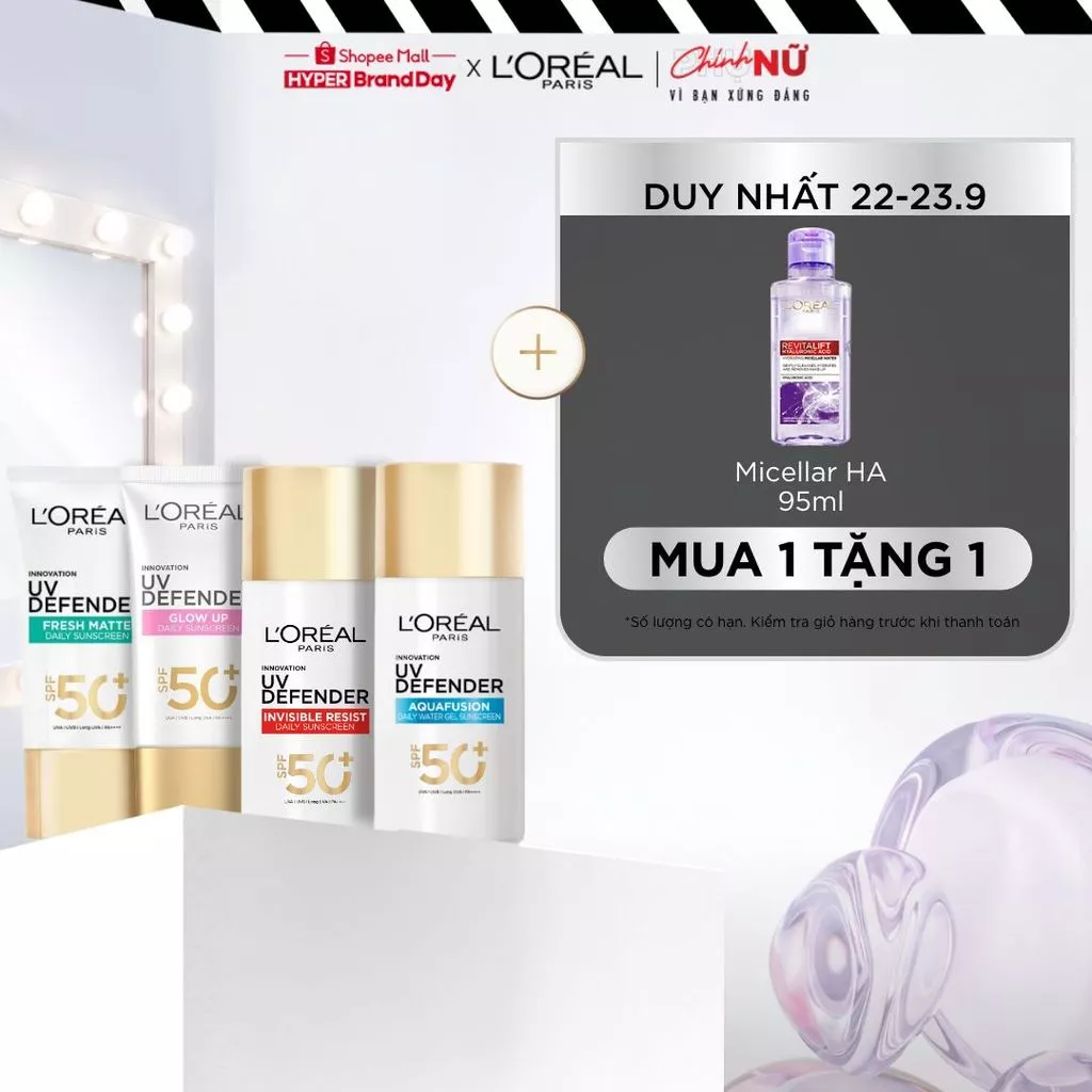 [CHỐNG NẮNG WATERGEL MỚI] Chống Nắng Phổ Rộng Thoáng Da, Kháng Mọi Tác Động UV Defender SPF 50+ PA++++ Loreal Paris 50ml