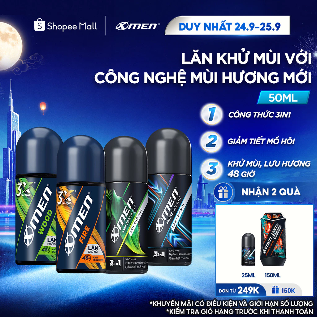 Lăn khử mùi Xmen 50ml Amazon/Vegas/Wood/Fire - Mùi Hương Mới,Giảm Tiết Mồ Hôi,Khô Thoáng Dài Lâu