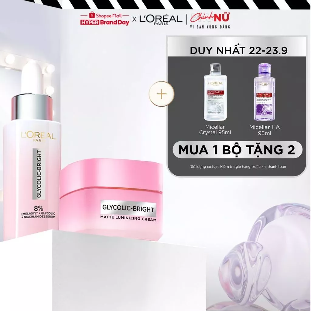 Bộ đôi serum & kem dưỡng sáng da đột phá Melasyl mờ thâm mụn, nám L'Oreal Paris Glycolic Bright 30ml, 50ml