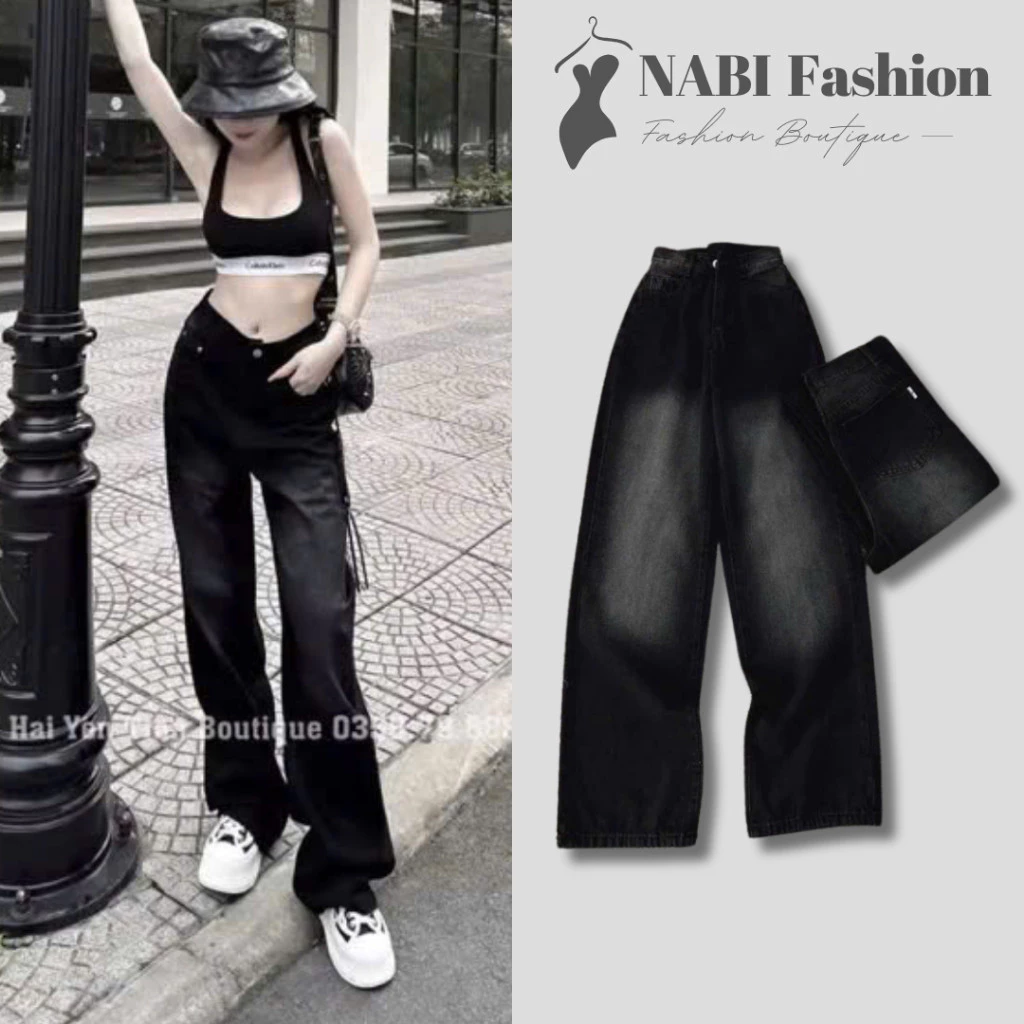 Quần Jean Nữ Ống Suông NABI Fashion - Quần Bò Ống Rộng Basic Lưng Cao Xám Đậm Phủ Sáng Đùi Lai Cuốn Cực Sành Điệu Hàng