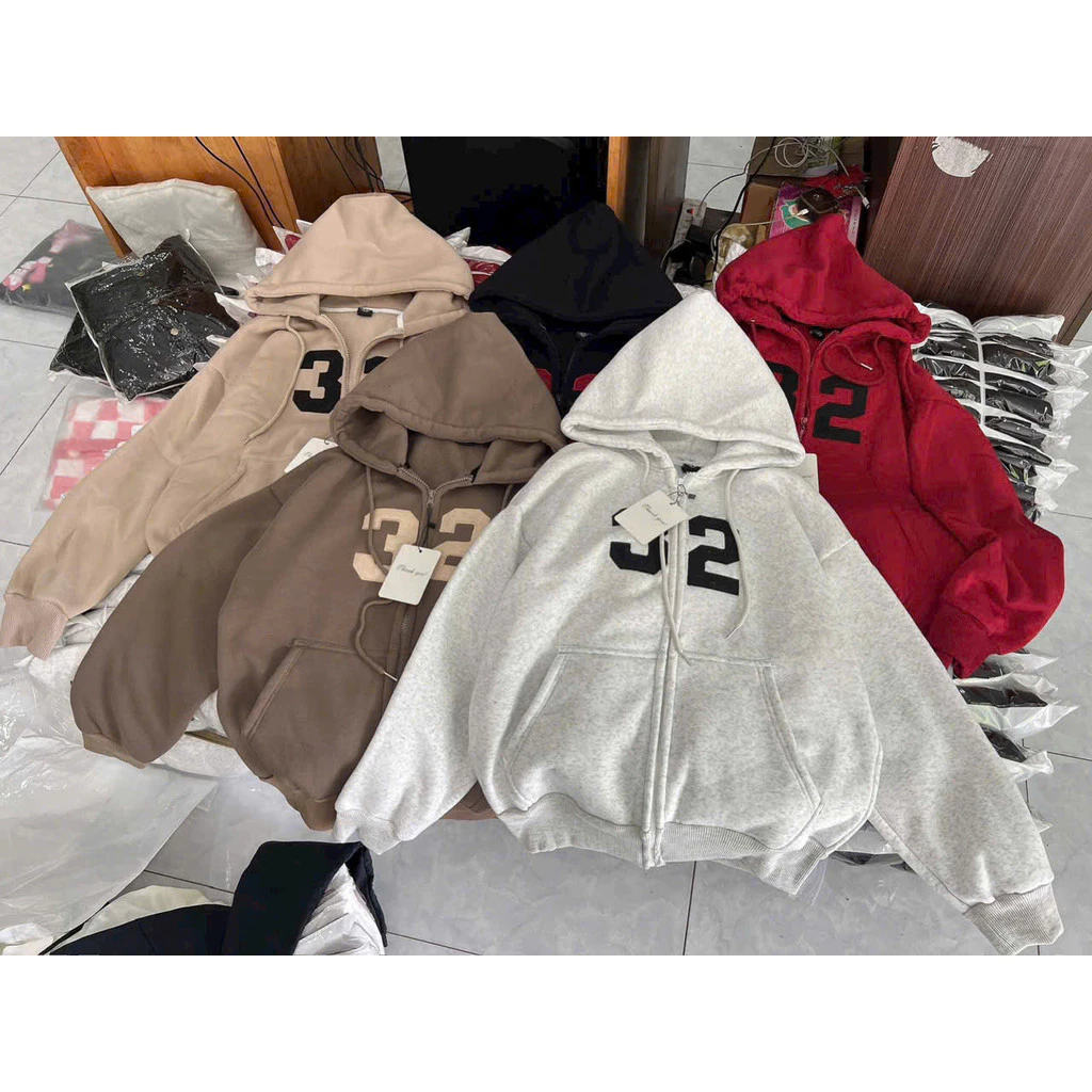 Áo Khoác Hoodie Nỉ Dày Form Rộng In Số 32 Có Nón Khóa Kéo Chống Nắng Unisex Hot Trend NY NA STORE