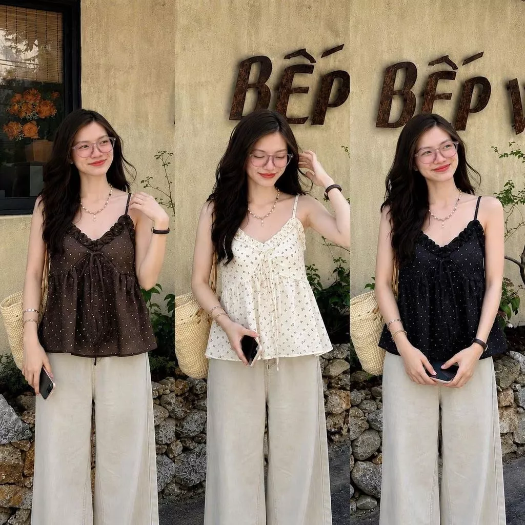 Áo 2 dây, áo kiểu babydoll hoa nhí bèo nhún xinh xắn nữ mẫu mới phong cách hàn quốc