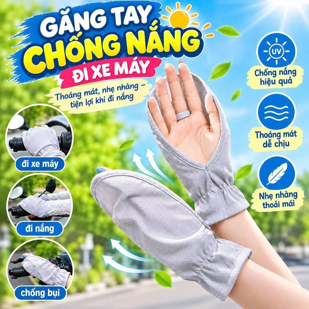 Găng tay chống nắng đi xe xỏ ngón vải lưới thoáng mát chống bụi tiện lợi