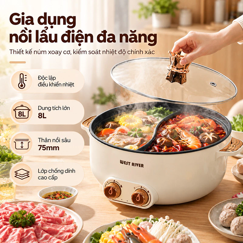Nồi Điện 8 Lít Đa Năng Hộ Gia Đình Vịt Quan Thoại Điều Khiển Kép Nồi Điện Công Suất Cao 2000W