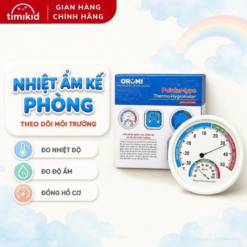 Nhiệt Ẩm Kế OROMI AK-TH200 Đo Nhiệt Độ Độ Ẩm Phòng, Đồng Hồ Cơ Không Dùng Pin, Treo Tường Để Bàn