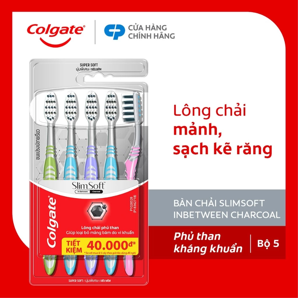 Bộ 5 Bàn chải Colgate Slimsoft Between Charcoal lông chải mềm mảnh xen sợi phủ than hoạt tính