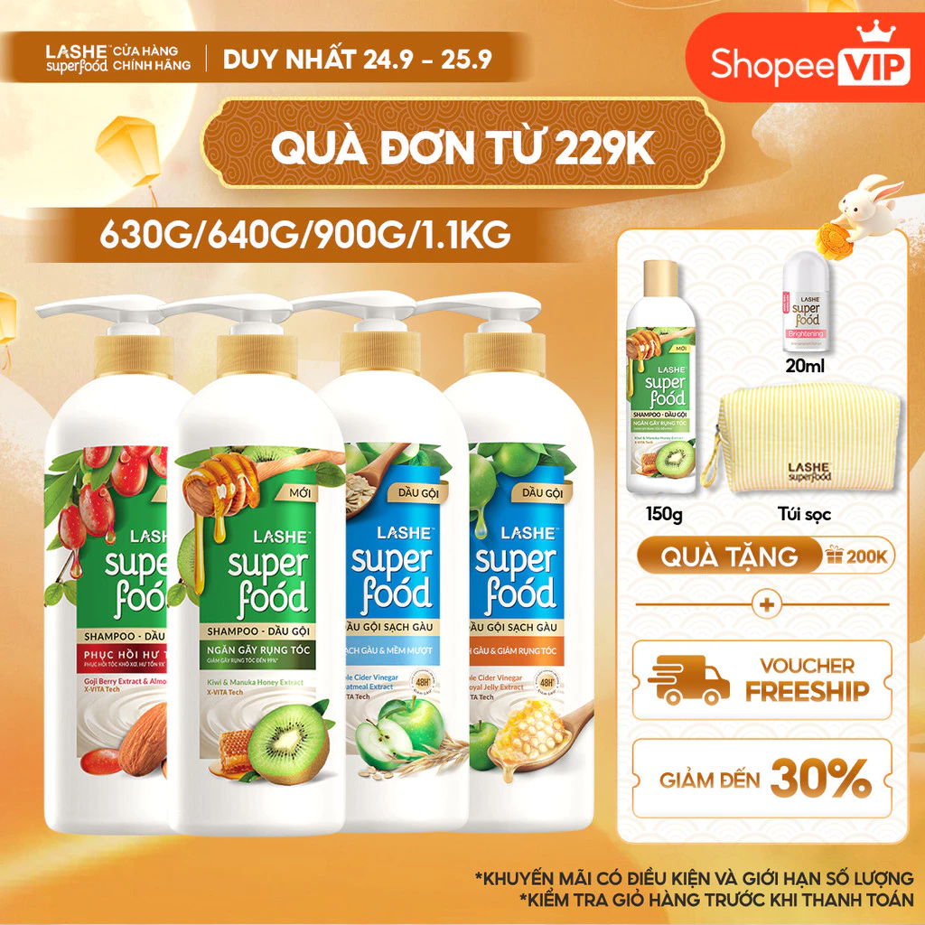 [SVIP] Dầu Gội LASHE SUPERFOOD Ngăn Rụng Tóc/Phục Hồi Hư Tổn/Sạch Gàu Giảm Rụng/Sạch Gàu Mềm Mượt 300G/640G/630G/1.1KG