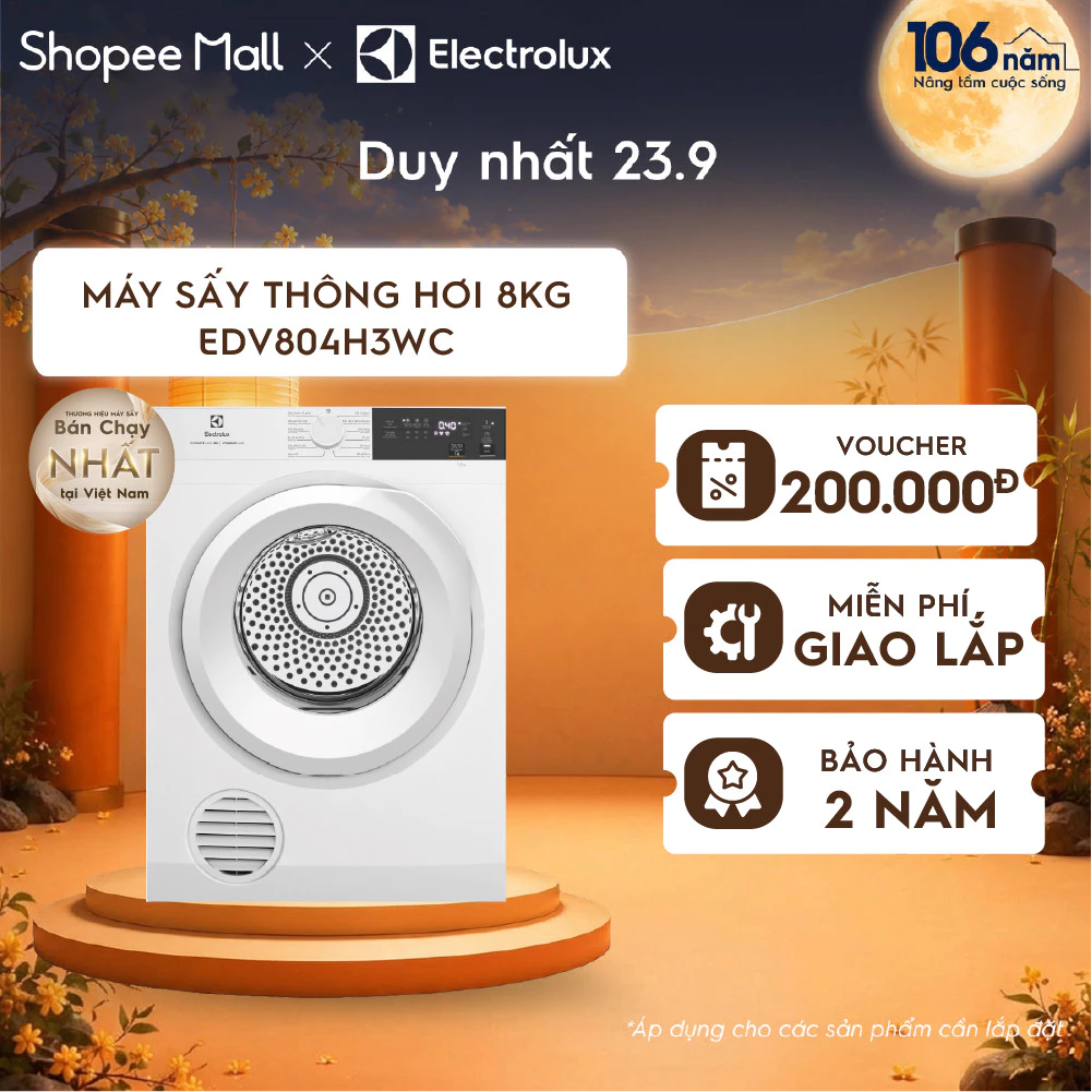 Free giao lắp - Máy sấy thông hơi 8KG Electrolux EDV804H3WC - sấy đảo chiều chống nhăn, diệt khuẩn, bền màu