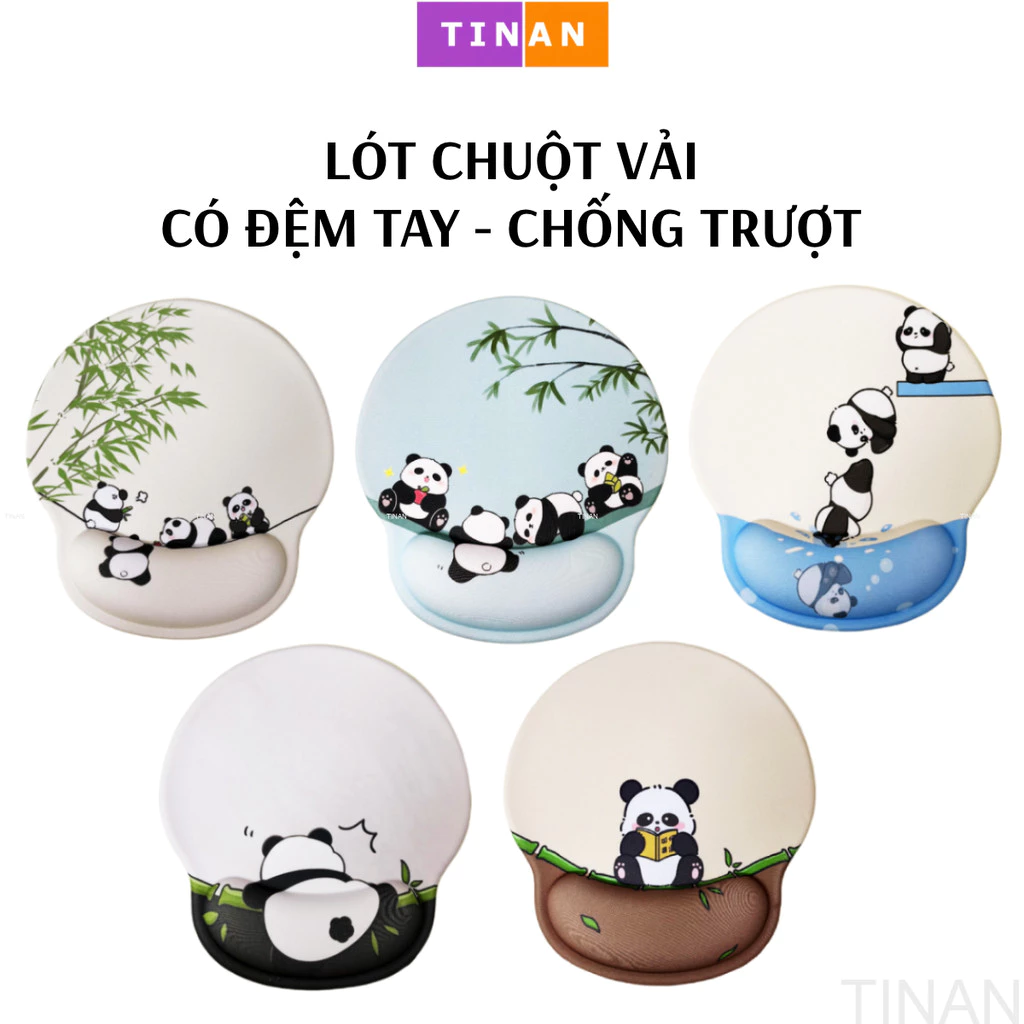 Lót Chuột VẢI CÓ ĐỆM CỔ TAY Hình PANDA Dễ Thương, Đế Chống Trượt, Mouse Pad Mềm Dày