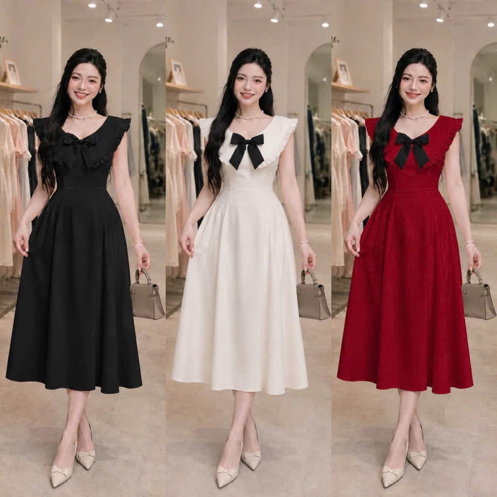 Đầm Maxi Cổ Bèo Nơ Đen Dáng Xòe Tiểu Thư Thanh Lịch Thời Trang Mới NY NA STORE