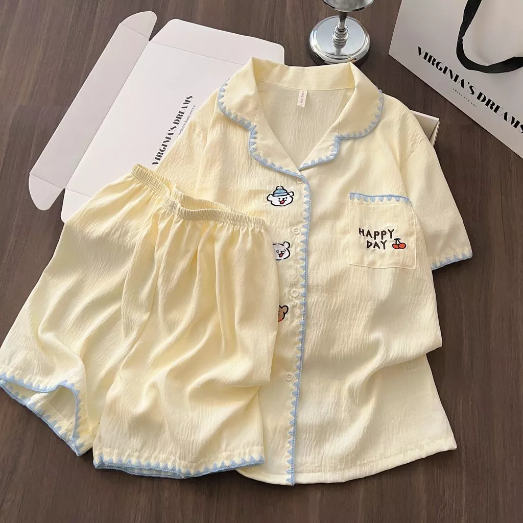 Hannie_Oder-Mùa Hè Mới Mây Cotton Cardigan Ve Áo Bộ Pyjama Ngọt Ngào Nữ Tay NgắnSleepwear mẫu mới hàng mới chuẩn QC