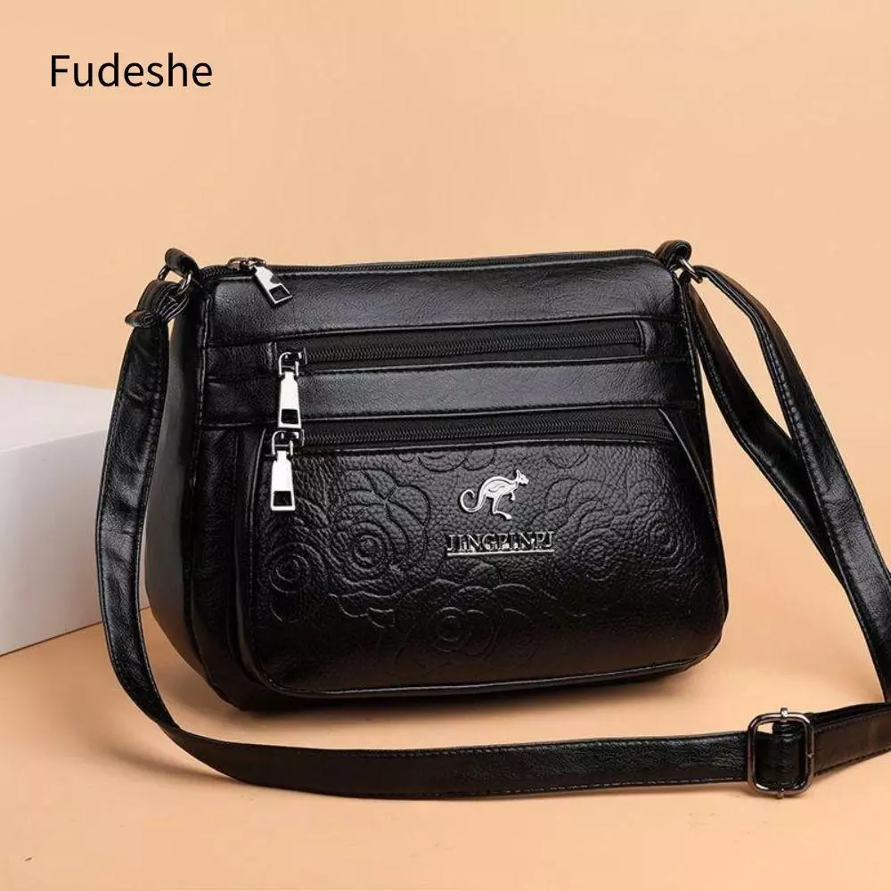 Túi đựng rau củ mua FUDESHE, Túi đựng mẹ trung niên nhiều lớp bằng da PU, Túi đeo chéo màu đen dung tích lớn dành cho nữ