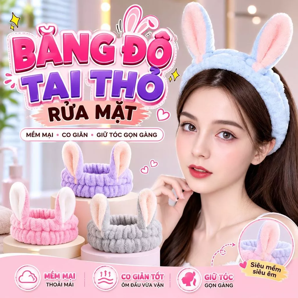 Băng đô vải tai thỏ mềm mại co giãn, giữ tóc gọn gàng khi rửa mặt