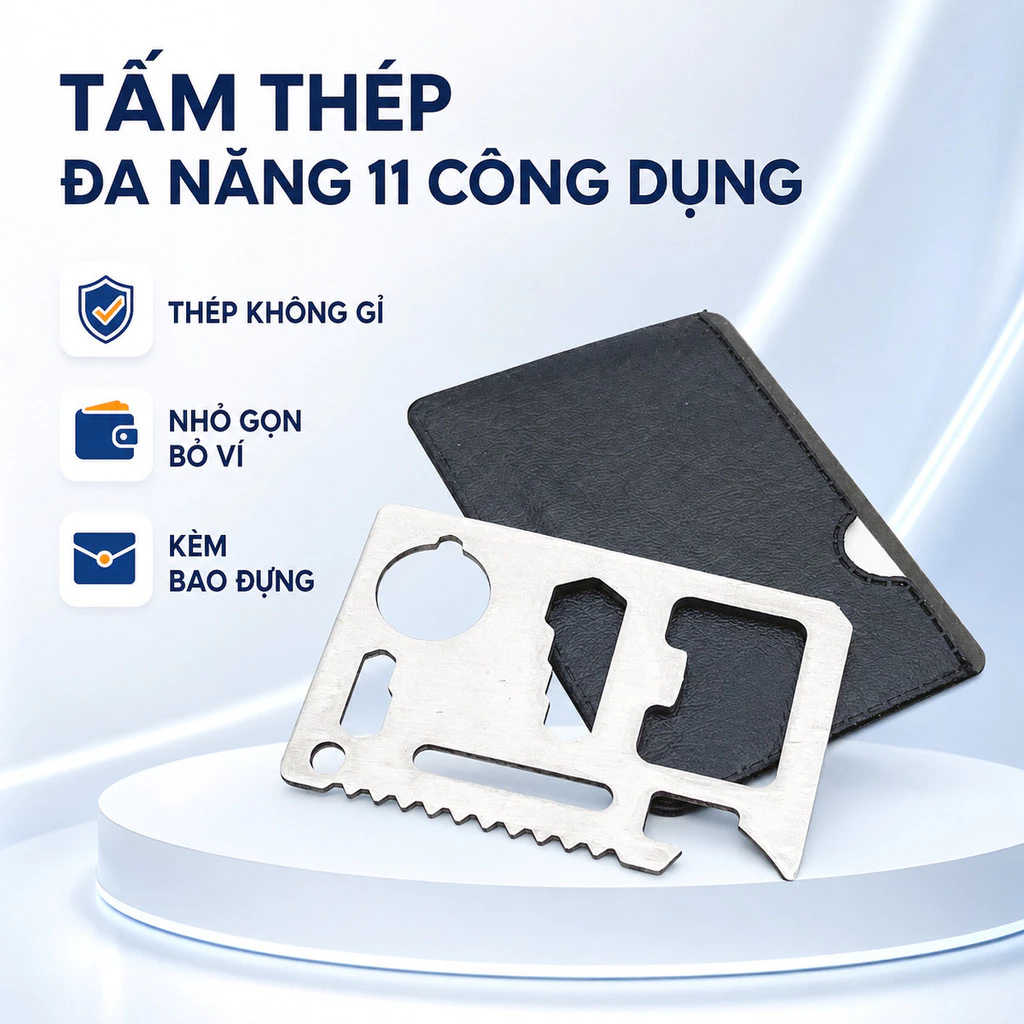 Tấm Thép Đa Năng 11 Công Dụng, Thép Không Gỉ Kèm Bao Da, Dụng Cụ Mini Đi Phượt