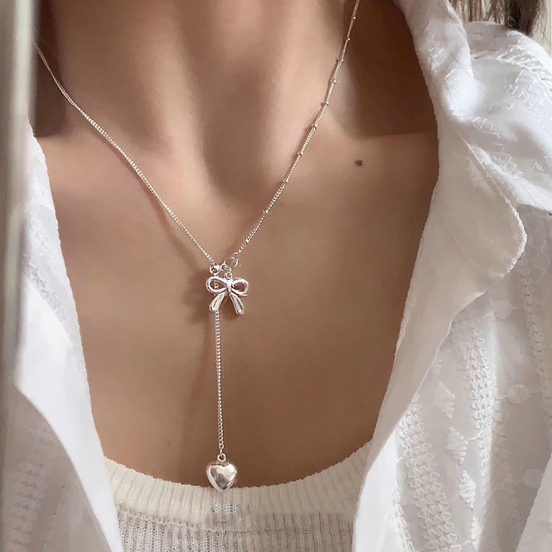 Phiên Bản Hàn Quốc Phong Cách Mới Bạc s925 Kéo Nơ Tình Yêu Vòng Cổ Nữ Nhẹ Sang Trọng Phù Hợp Với Xương Đòn Cao Cấp S