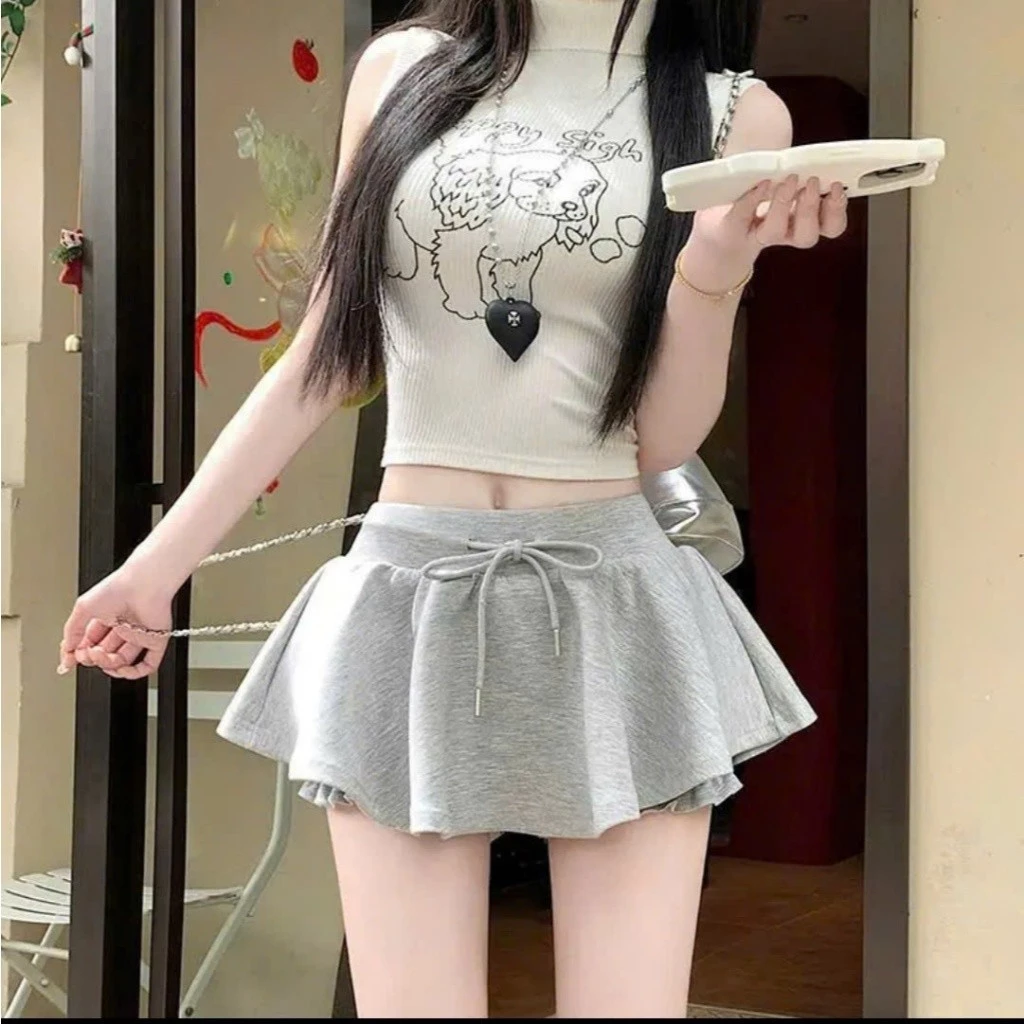 Chân váy nữ nỉ siêu ngắn xoè bồng Phom bí, chân váy cạp chun dây rút dáng xoè trắng, đen, xám có lót quần bảo hộ - TT97