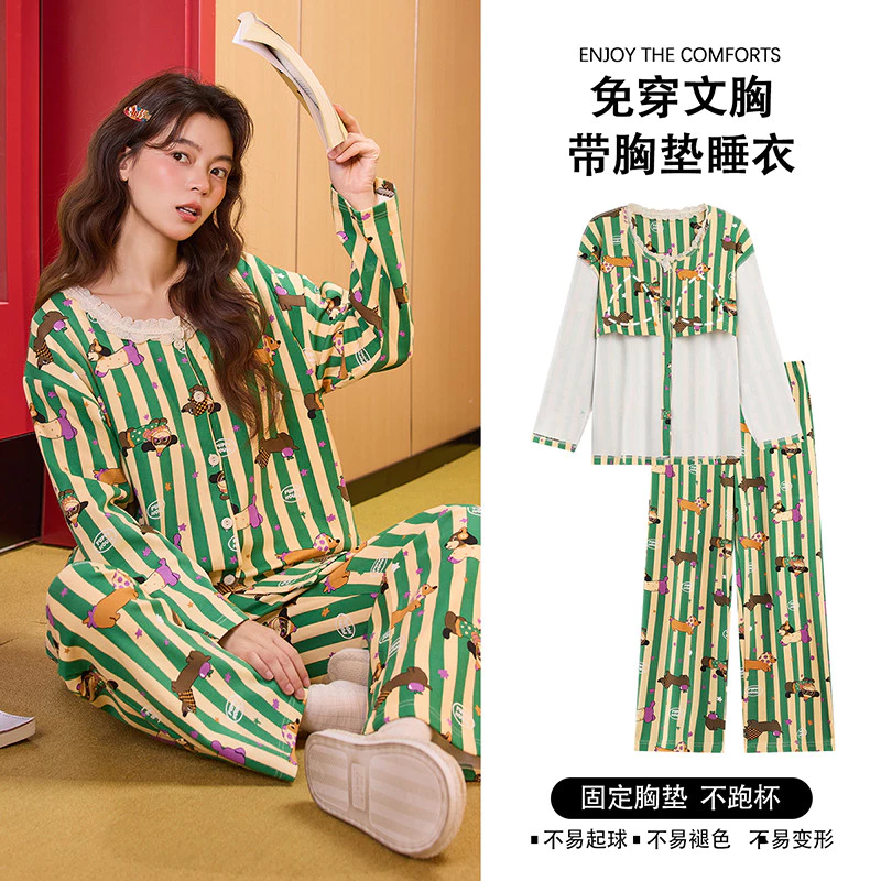 Bộ Đồ Ngủ Đệm Nữ 100% Cotton Bộ Đồ Ngủ Mùa Thu Đông Tay Dài Đồ Ngủ Người Phụ Nữ Hoạt Hình Dễ Thương Mặc Ở Nhà