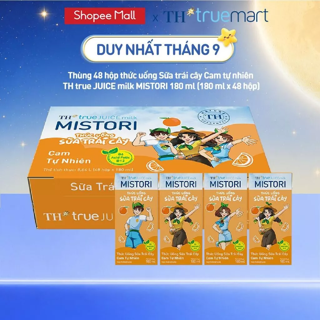 Thùng 48 hộp thức uống Sữa trái cây Cam tự nhiên TH true JUICE milk MISTORI 180ml (180ml x 48)
