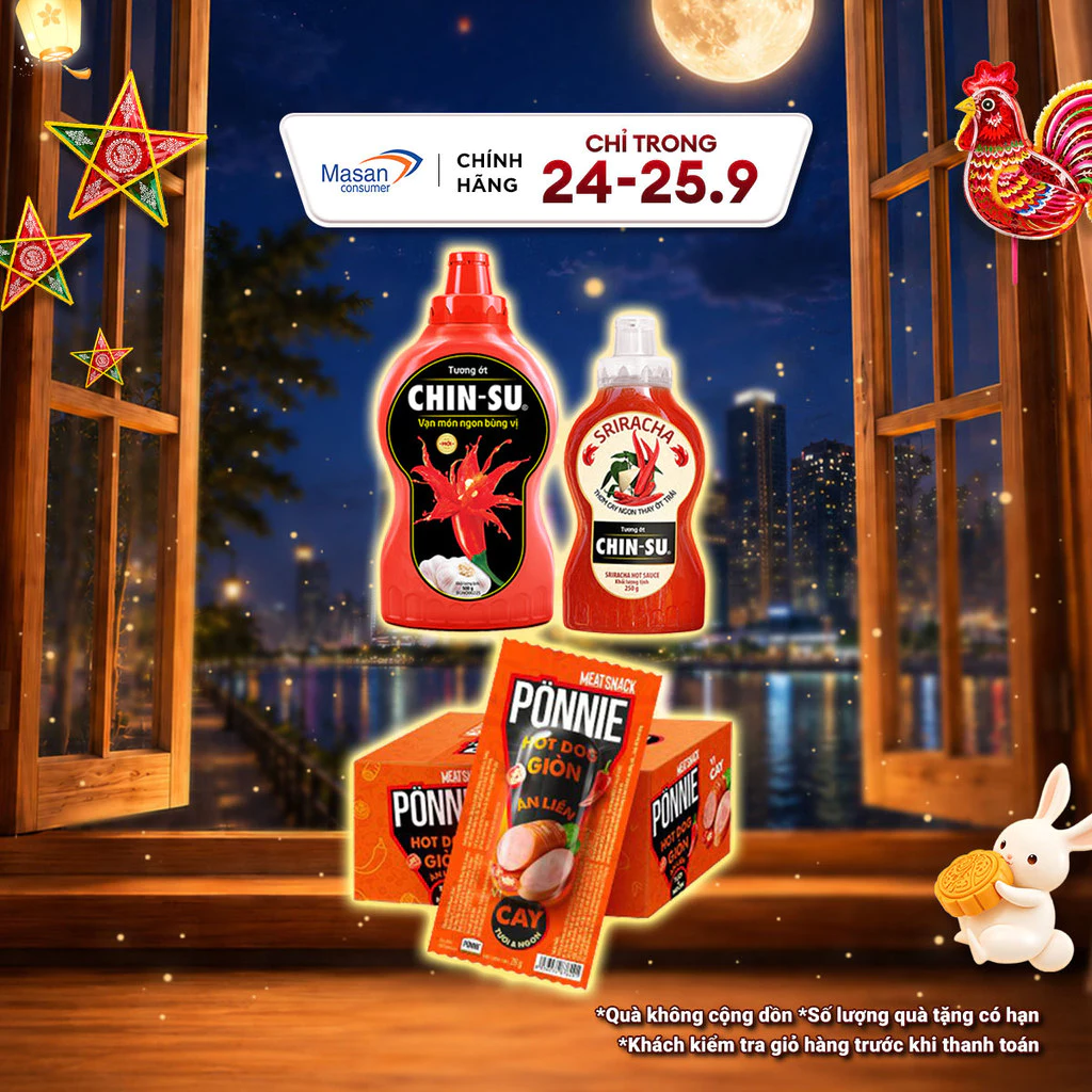 Combo 1 Hộp Ponnie HotDog Giòn Ăn Liền (Hộp X 20 Cây X 28G) + Tương Ớt CHIN-SU 500G + Tương Ớt Sriracha 250G (Bao bì có