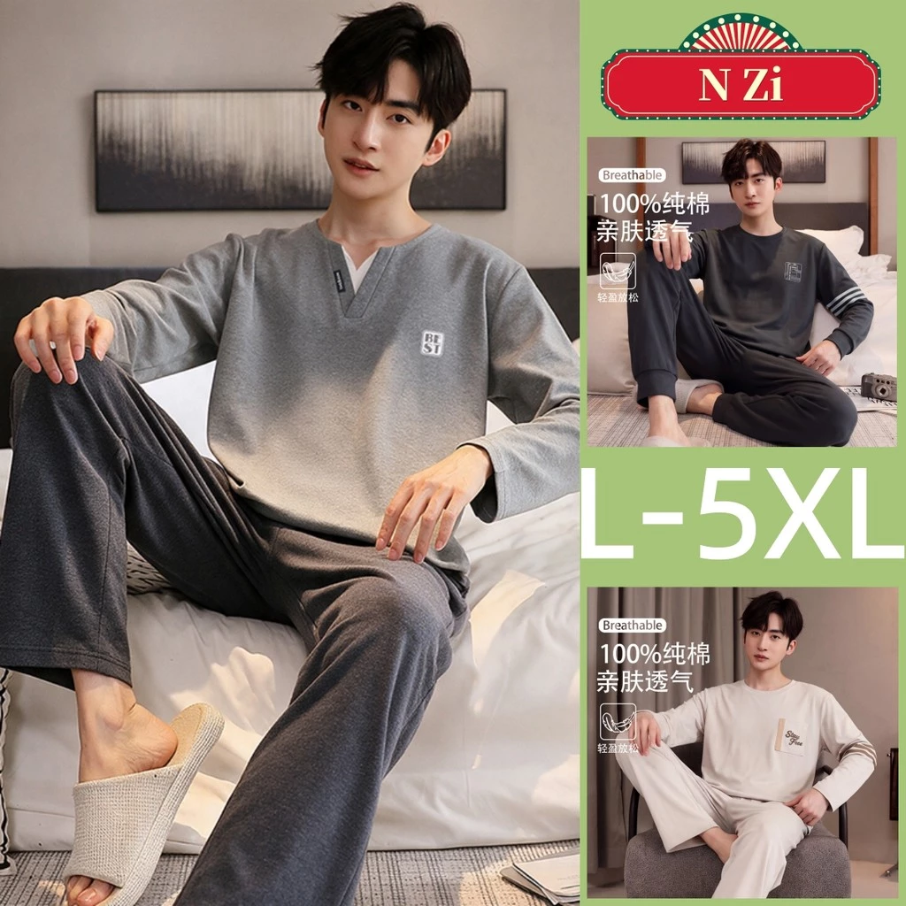 Bộ Đồ Ngủ Nam 100% Cotton Plus Kích Thước Bộ Đồ Ngủ Thu Đông Tay Dài Đồ Ngủ Người Rời Mặc Nhà L-5XL
