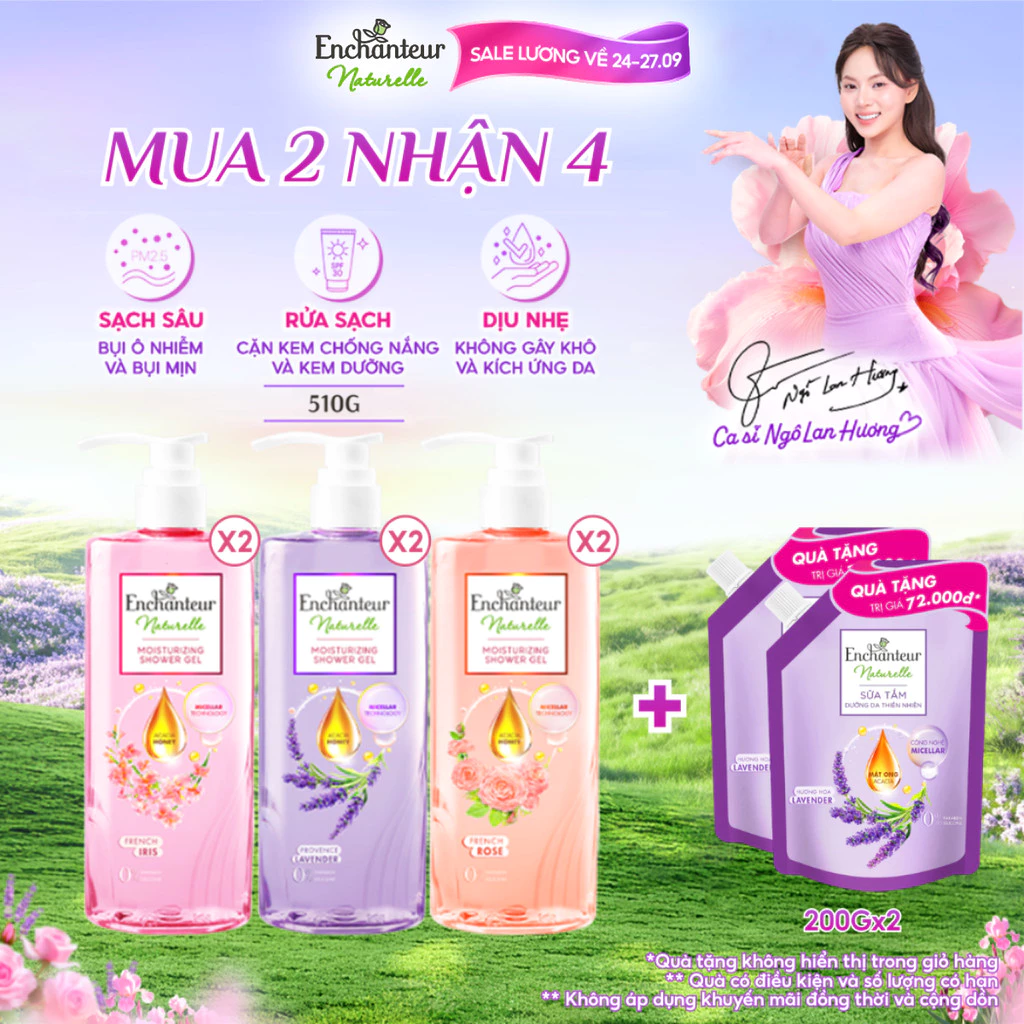 [TẶNG 200gx2 - quà không hiện giỏ] Combo 2 Sữa tắm dưỡng da thiên nhiên Enchanteur Naturelle 510g (Tặng mùi ngẫu nhiên)