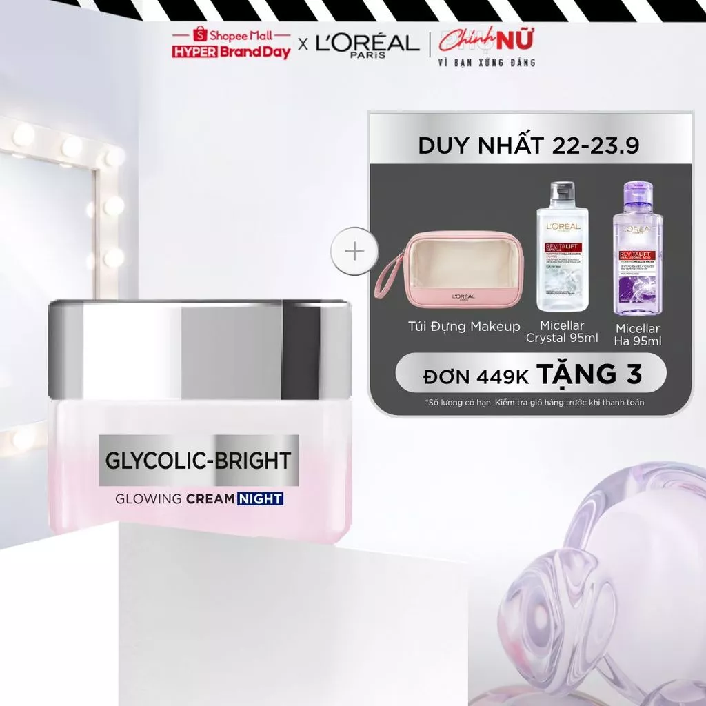 Kem dưỡng ban đêm dưỡng sáng mịn & mờ thâm nám L'Oreal Paris Glycolic (AHA) Bright [Glycolic+ Niacinamide] + 50ml
