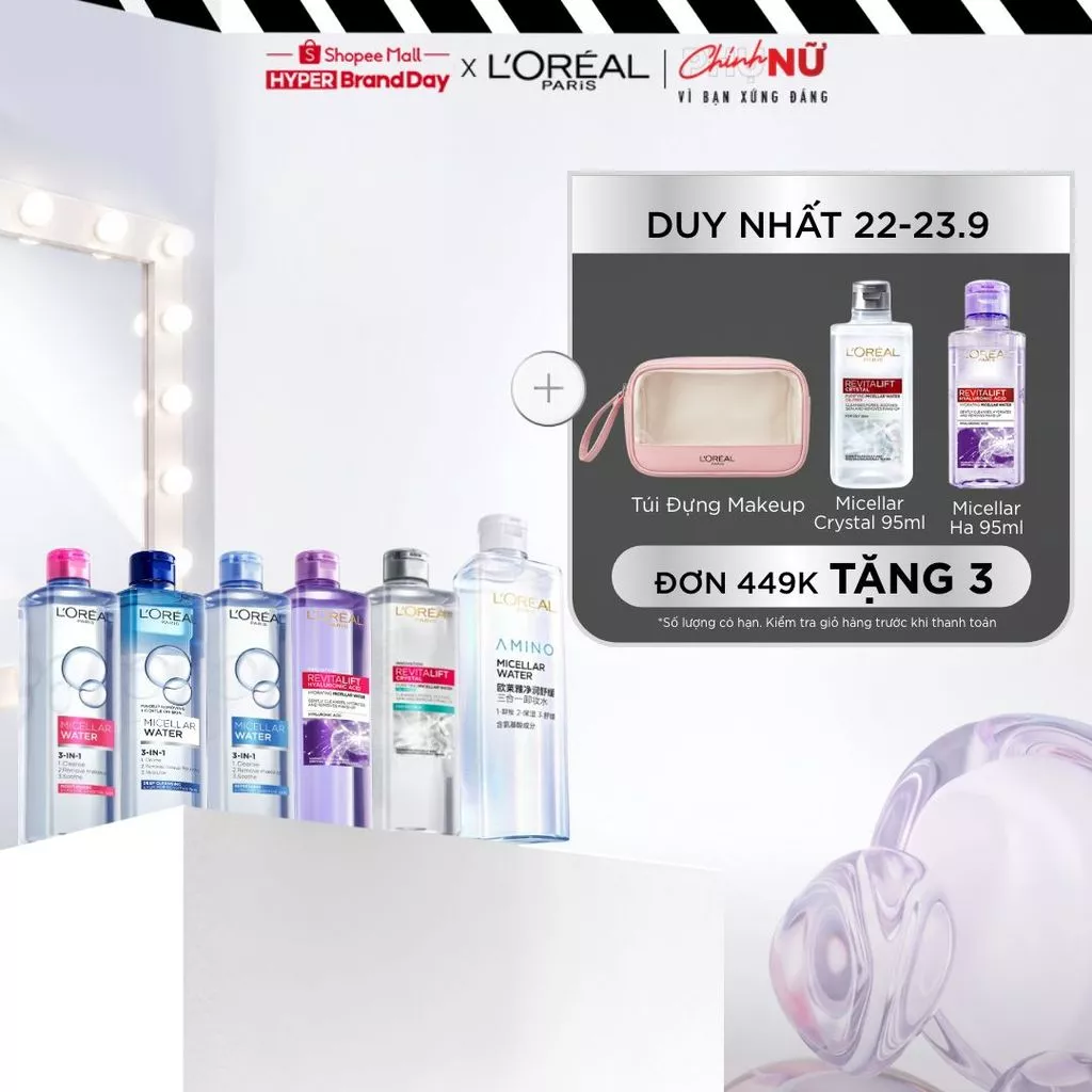 [AMINO MICELLAR MỚI] Nước tẩy trang làm sạch sâu, loại bỏ bụi bẩn & trang điểm 3-in-1 L'Oreal Paris Micellar Water 400ml