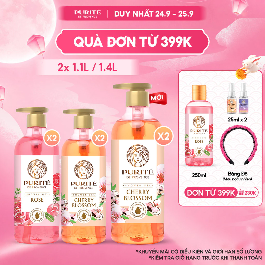 Combo 2 Sữa Tắm Thiên Nhiên PURITE Hương Hoa Anh Đào / Hoa Hồng 500ML/ 850ML/ 1.1L/ 1.4L