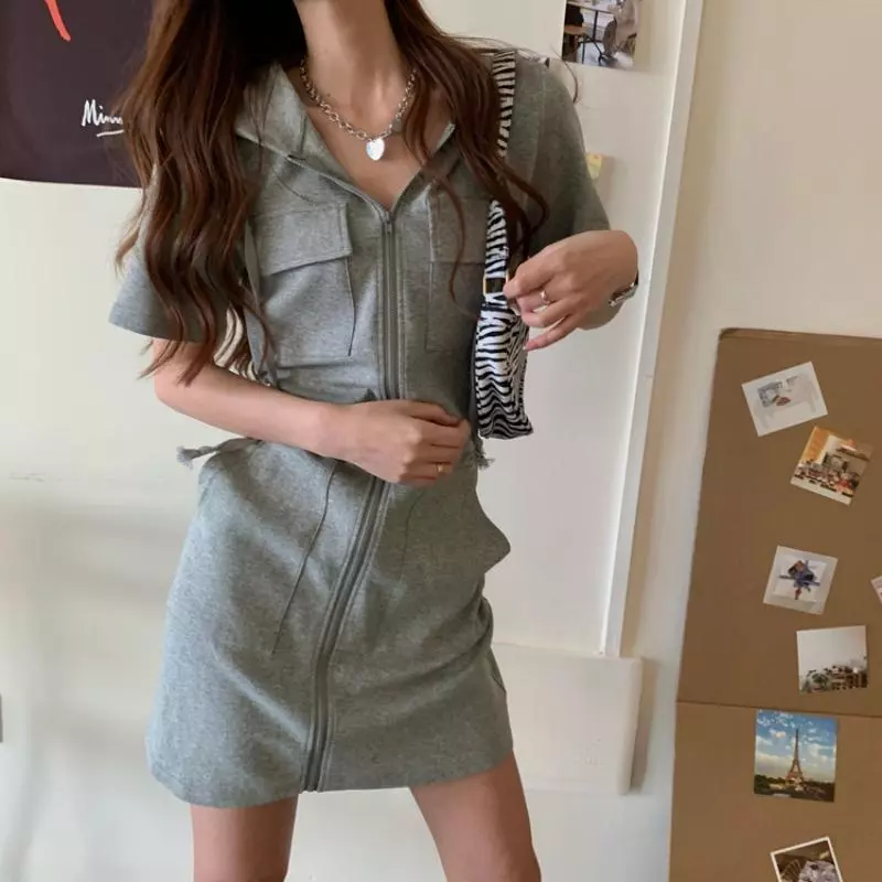 Áo Hoodie nữ thời trang mùa hè màu trơn có dây kéo tay ngắn Váy thanh lịch đa năng