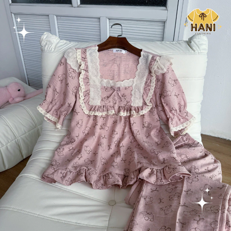 [BigSize40-90kg] Bộ Đồ Ngủ Nữ Pijama Chất Đũi Vân Mây Tiểu Thư HANI Thiết Kế Babydoll Đáng Yêu Chất Mềm Mịn Mát HK01
