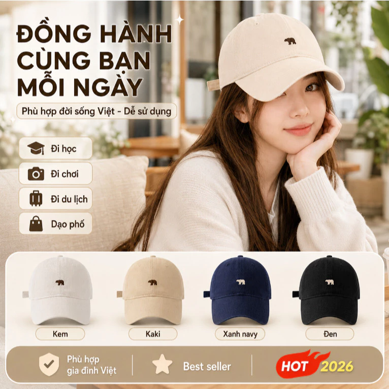 Mũ Lưỡi Trai Form Mềm Vải Kaki Thêu Gấu 4 Màu Có Khóa Chỉnh Unisex Nam Nữ Dễ Phối