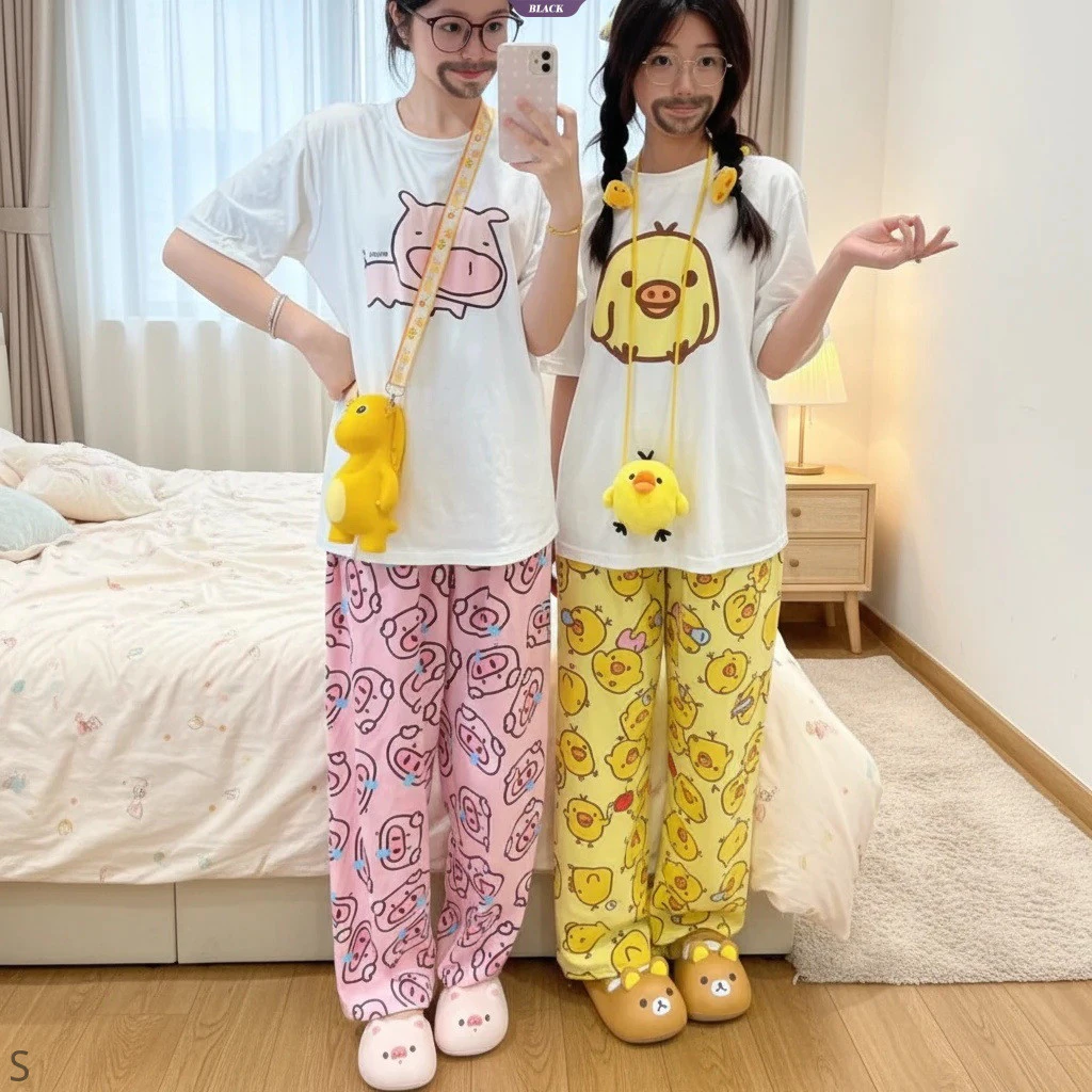 Dopamine Màu Hoạt Hình Lounge Quần Nữ Phong Cách Ngọt Ngào Cotton Pyjama Đáy [Đen]