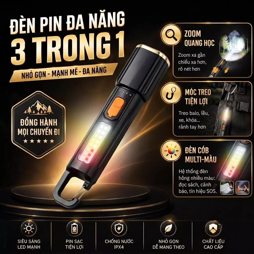 Đèn Pin Đa Năng LED Ngoài Trời Có Zoom Quang Học Bật Lửa Điện Plasma Đèn Cứu Hộ SOS USB Sạc Tiện Lợi