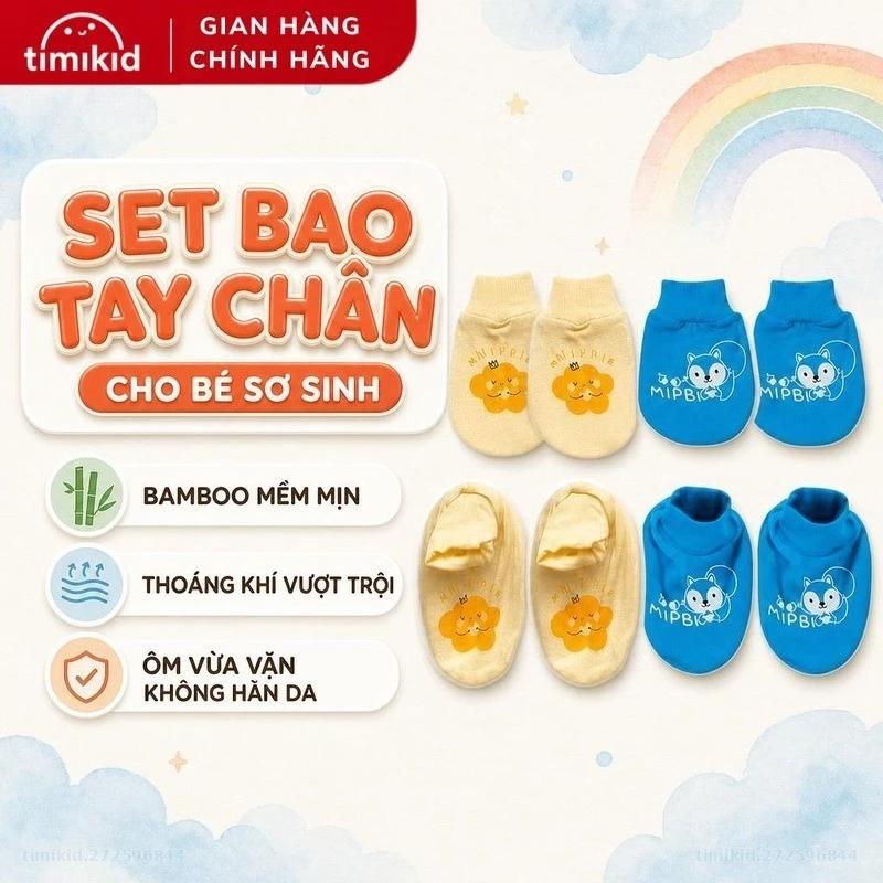 Set Bao Tay Chân Mipbi Cho Bé Sơ Sinh Chất liệu Bamboo Mềm Mịn, Thoáng Mát